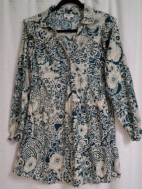 Umgee Teal and Cream Paisley Floral Dress Size L